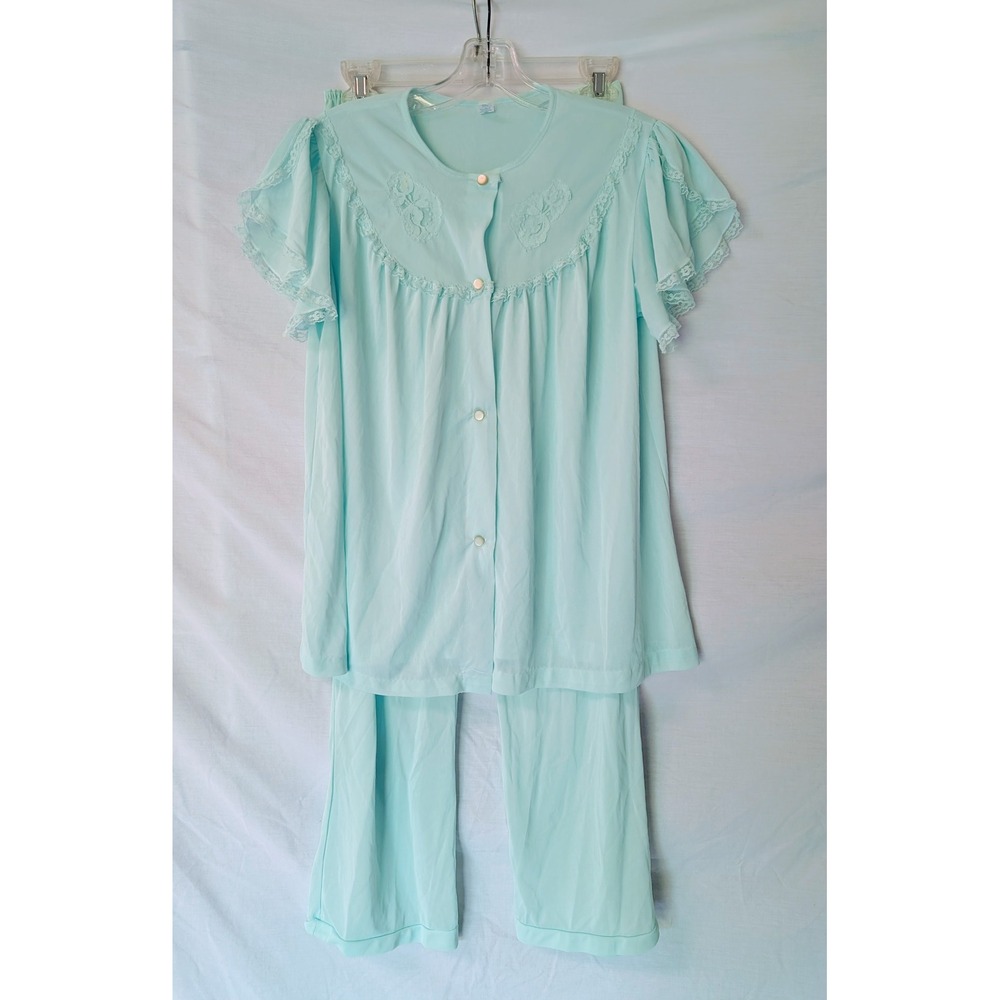 Vintage Nancy King Women's M Satin Nylon Aqua Pajamas Made in USA Sleepwear